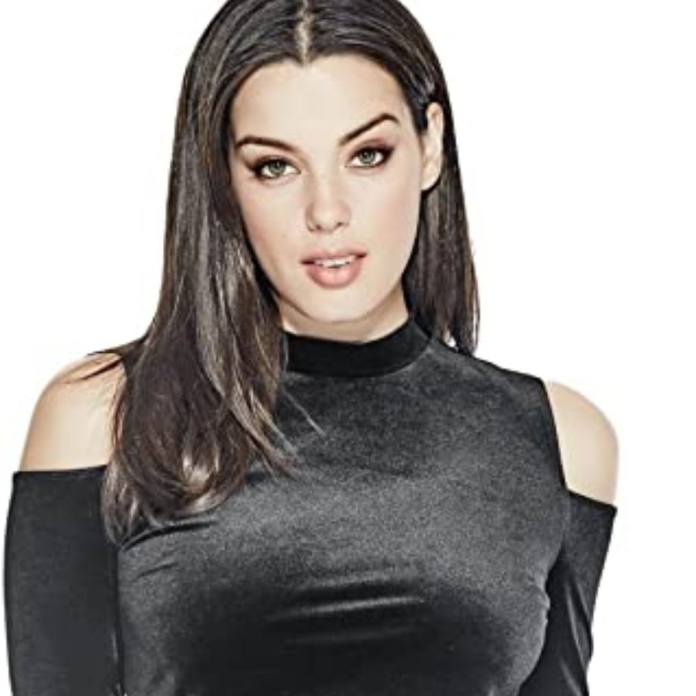 GUESS Velvet Mockneck Cold Shoulder Top